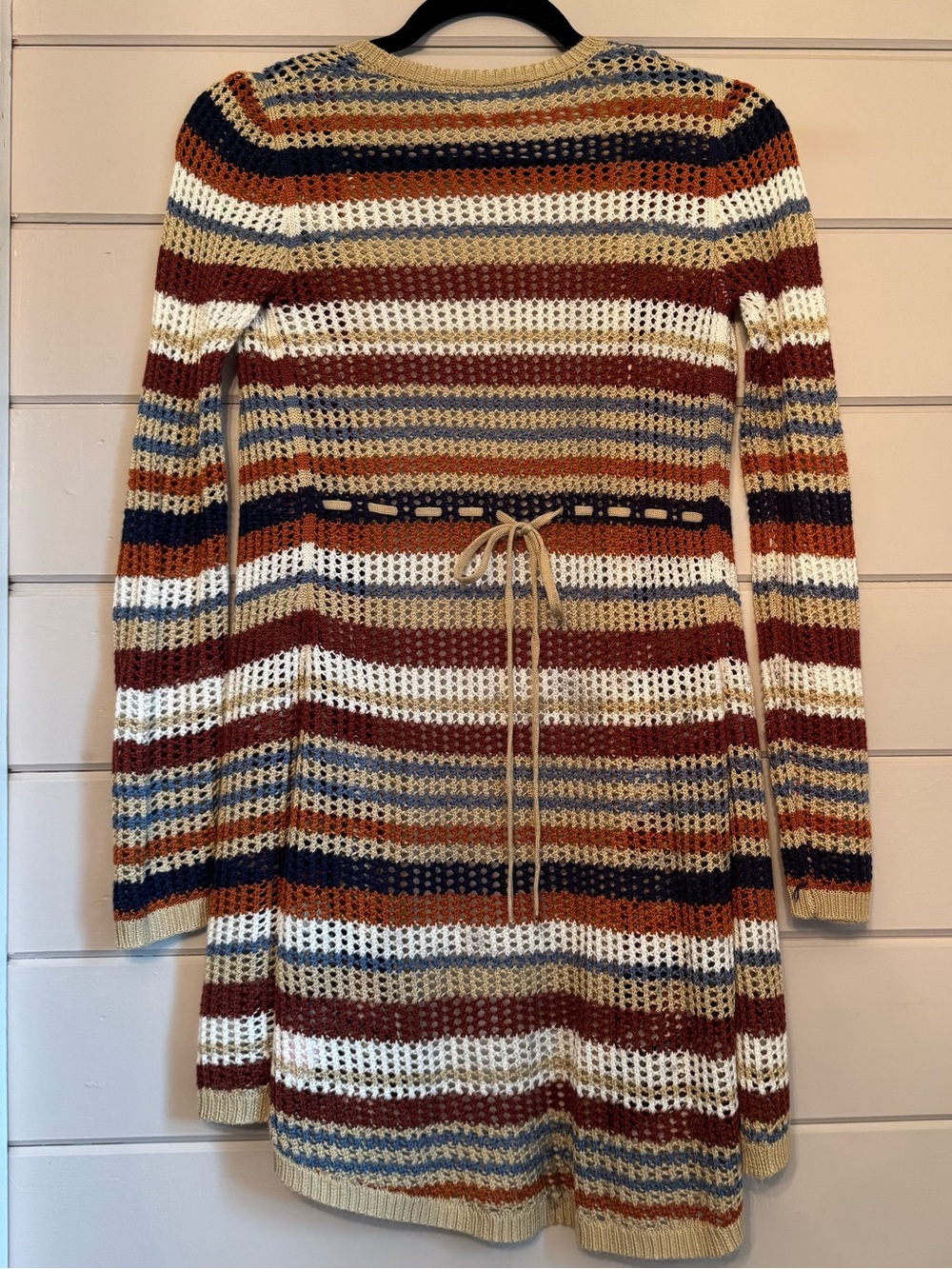 No Boundaries Women’s Brown Boho Striped Open Knit Tie-Waist Sweater